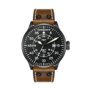 NWT Torgoen T47 Jumbo Black Sapphire GMT 47mm, Brown Leather Strap Retail $325